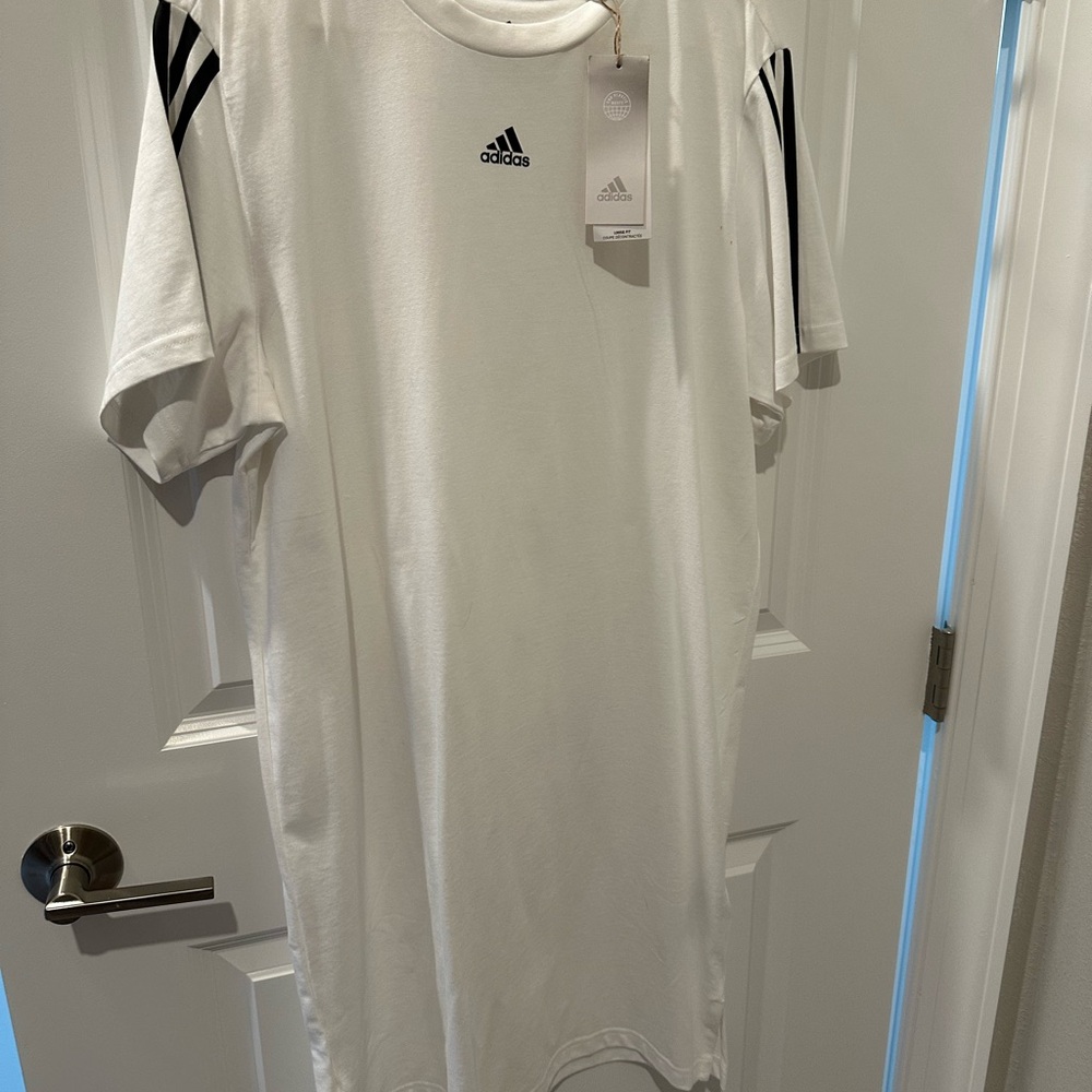 Adidas Women's White Mini Dress with Black Stripes